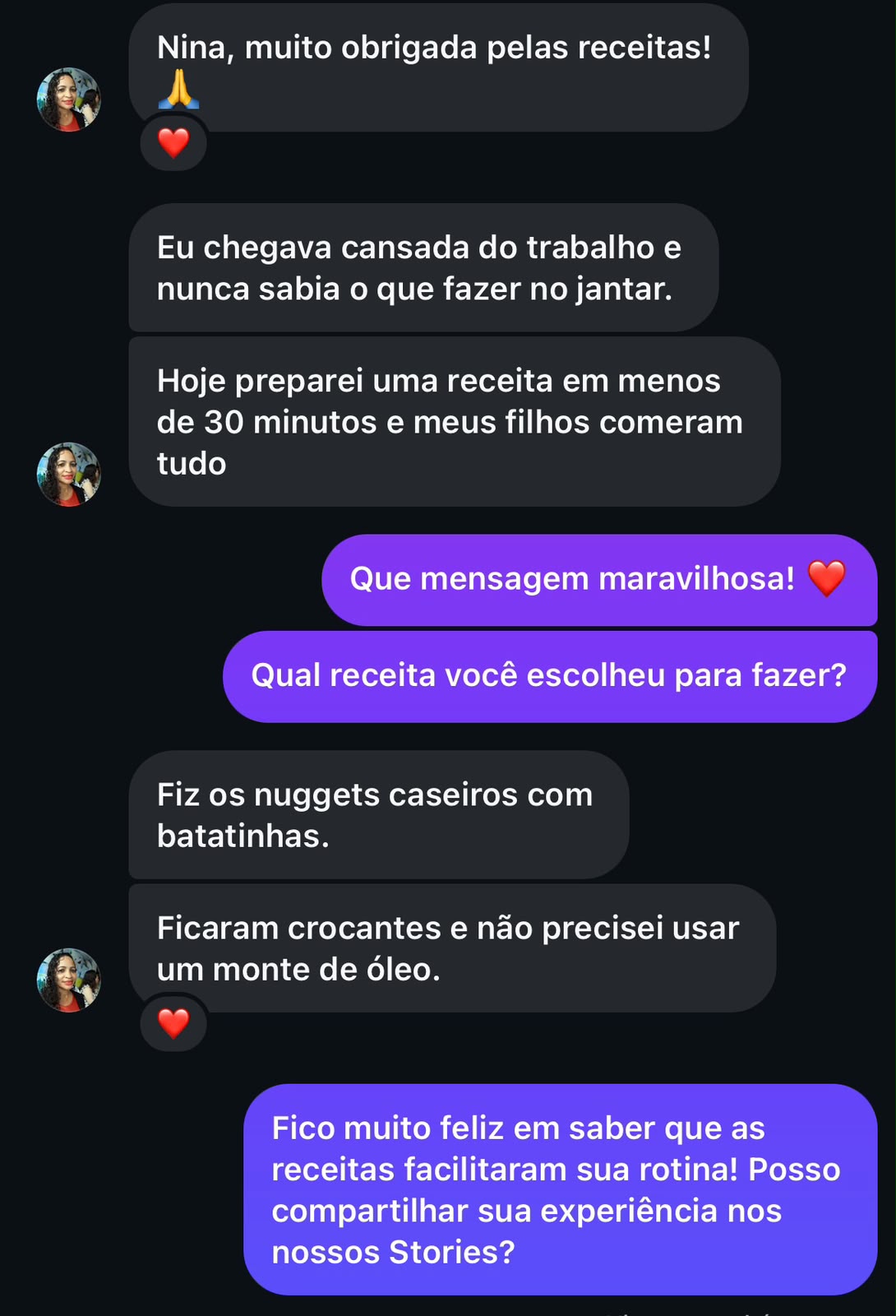 Print de conversa: cliente contando que fez receita em 30 minutos