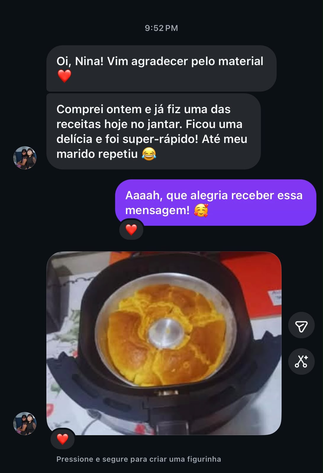 Print de conversa: cliente agradecendo pelo material da Chef Nina
