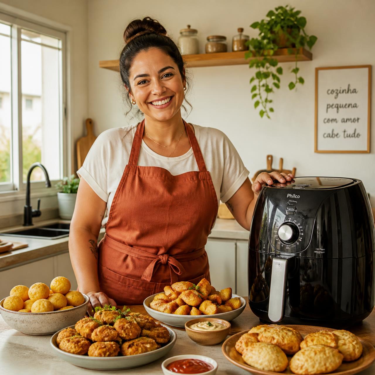 Chef Nina sorrindo ao lado da Air Fryer com vários pratos preparados